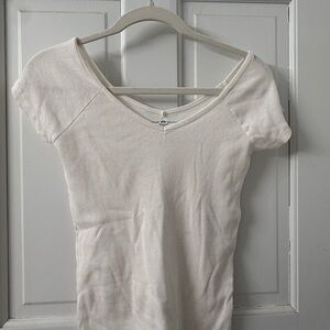 Brandy Melville Cream Ribbed V-Neck Short Sleeve Top